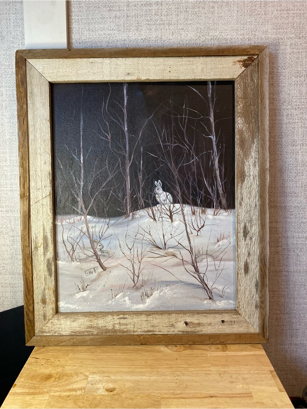Snow Hare Winter Landscape Painting in White and Brown